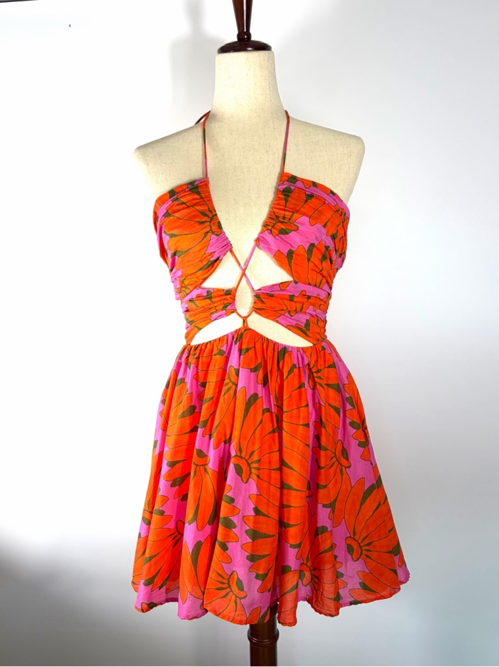 Farm Rio Floral Cutout Halter Mini Dress